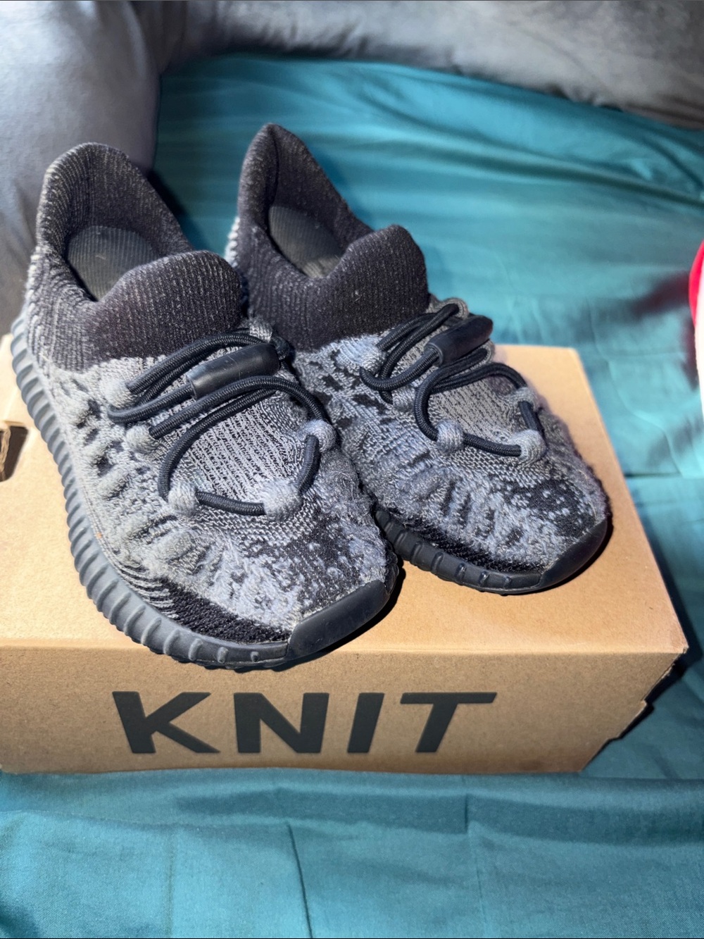 Yeezy Kids Black and Gray Knit Slip-On Sneakers - Picture 2 of 4